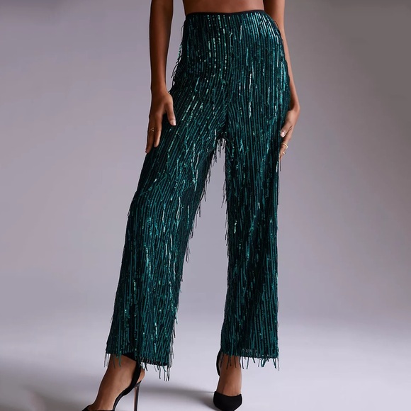 Anthropologie Maeve Fringed Sequin Wide Leg Pants Turquoise Blue Green
